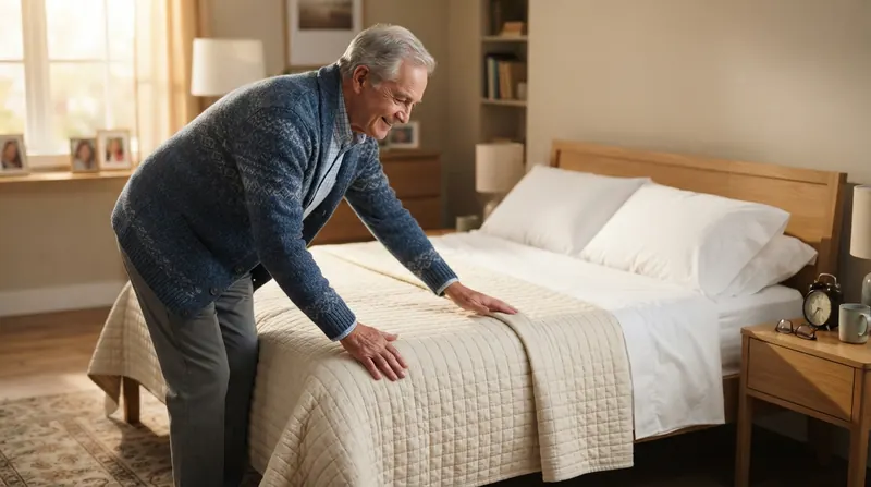 An older man making a neatly made bed in morning light, smoothing a quilted bedspread in one motion, no rail visible