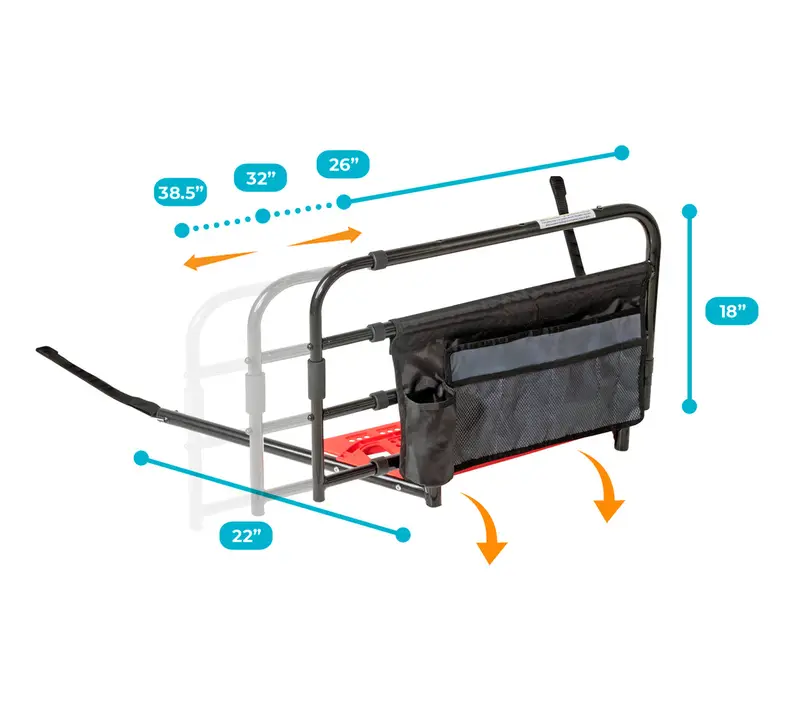 The seller's own specification chart for the Wonder Pivot Bed Rail with dimensions and weight capacity